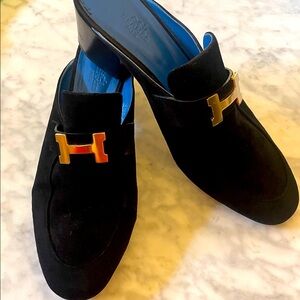 Hermes Black Suede Mules with Gold H Emblem